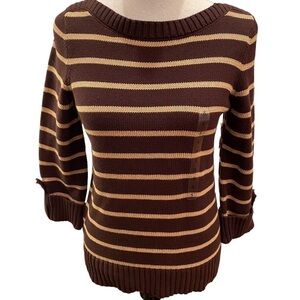 Jones New York Women's Sweater Roll Up Button Boat Brown Stripe Size Small. NWT